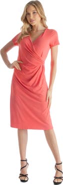 24seven Comfort Apparel Short Sleeve Knee Length Faux Wrap Dress