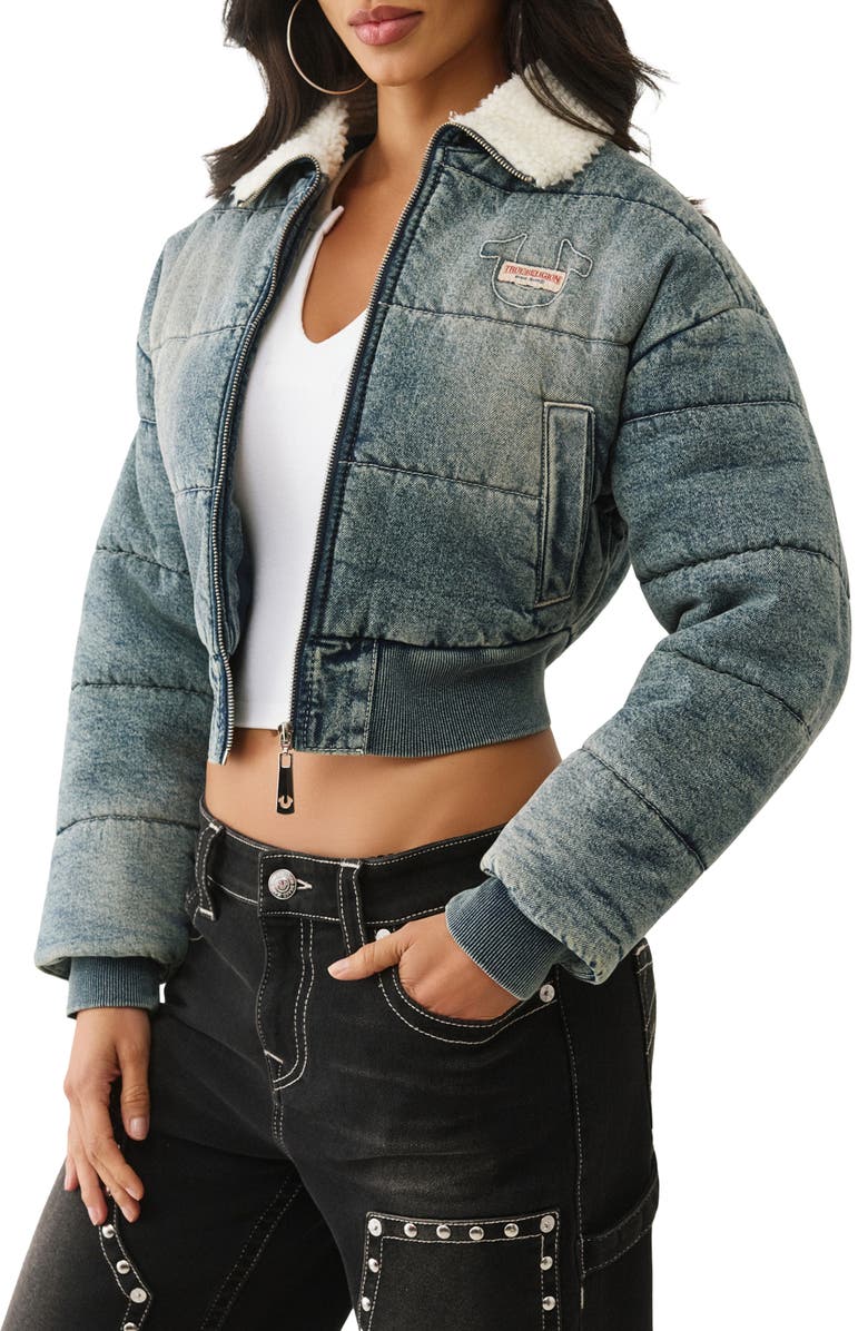 True Religion Logo Crop Denim Puffer Jacket, Main, color, Medium Wash