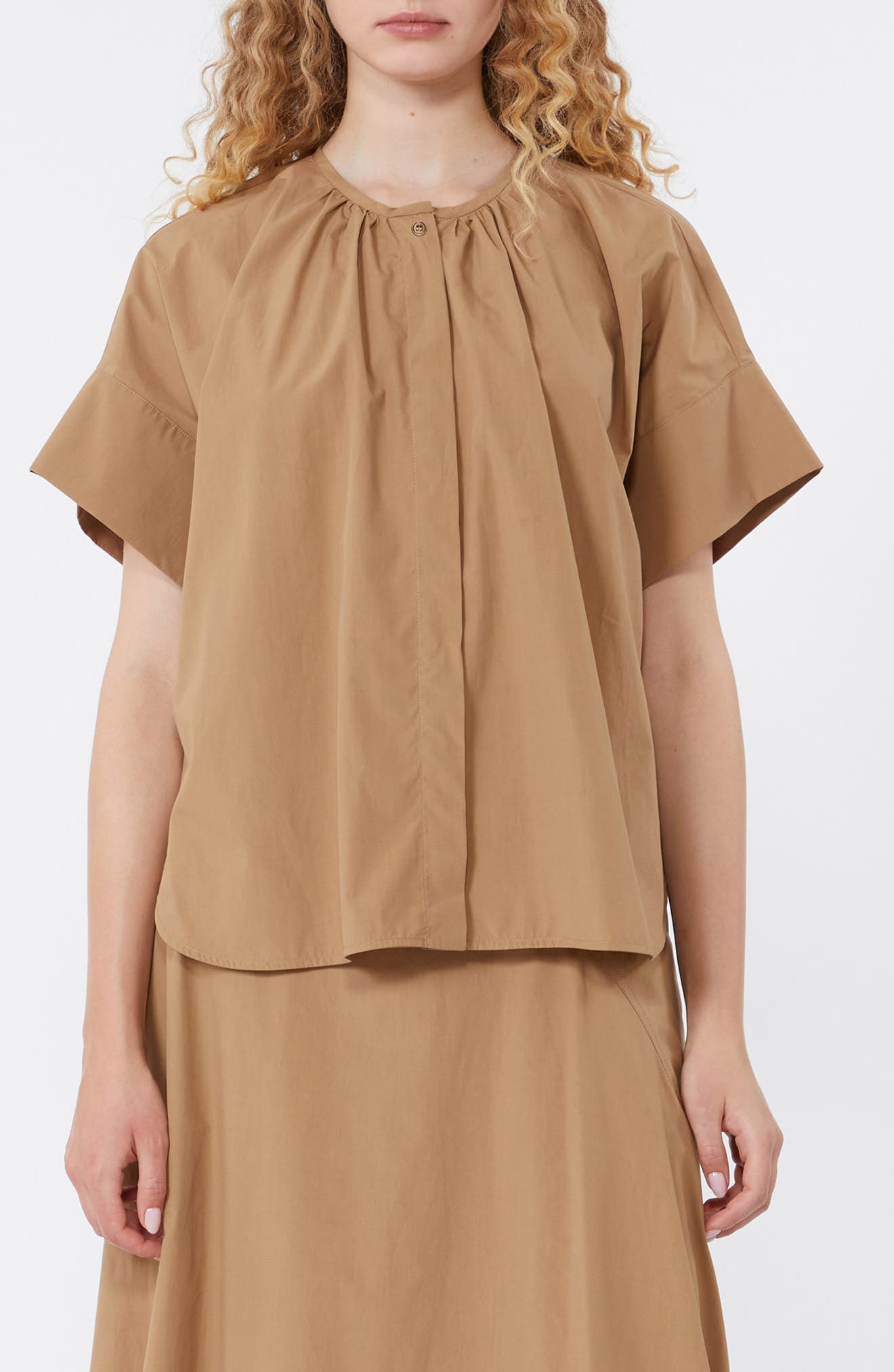Educata Shirred Cotton Button-Up Shirt