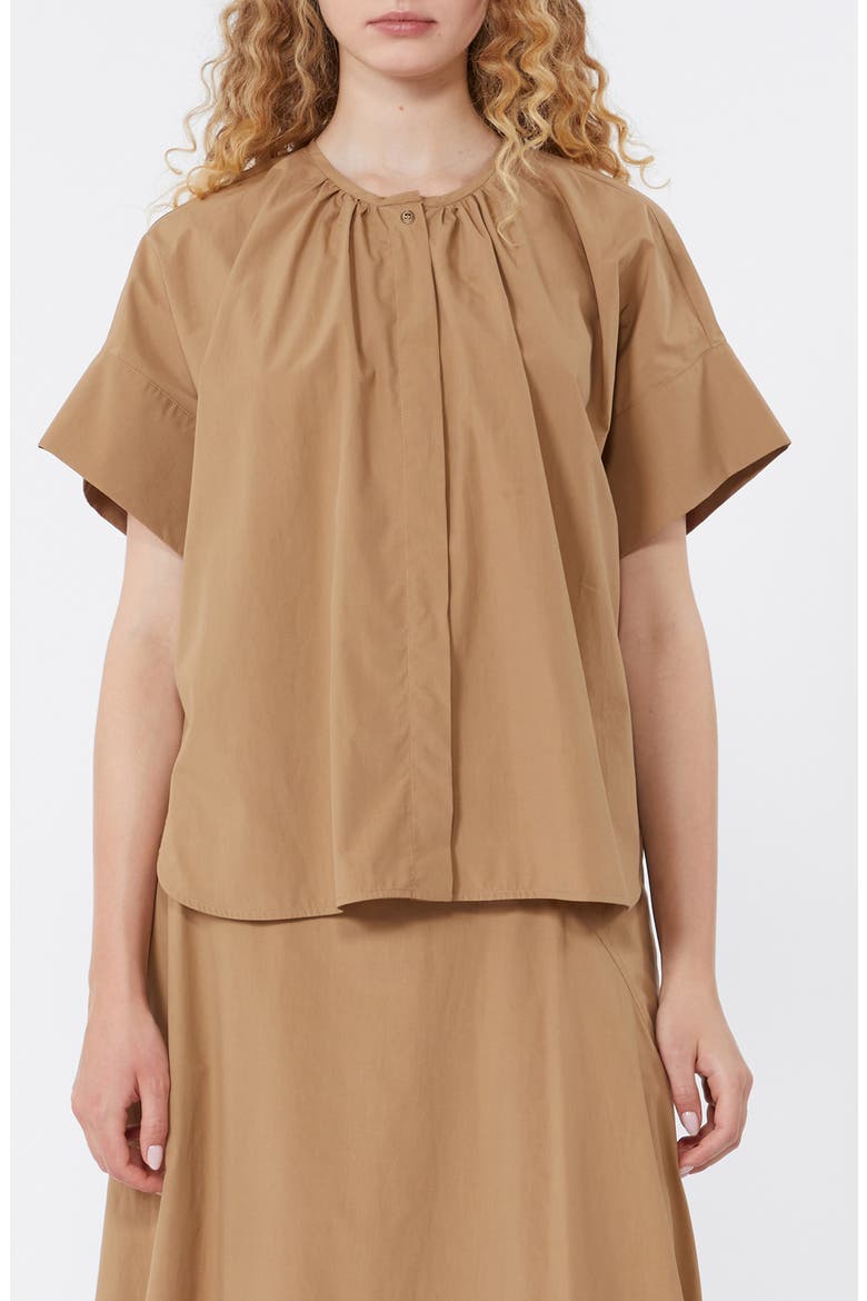 Educata Shirred Cotton Button-Up Shirt, Main, color, TOBACCO