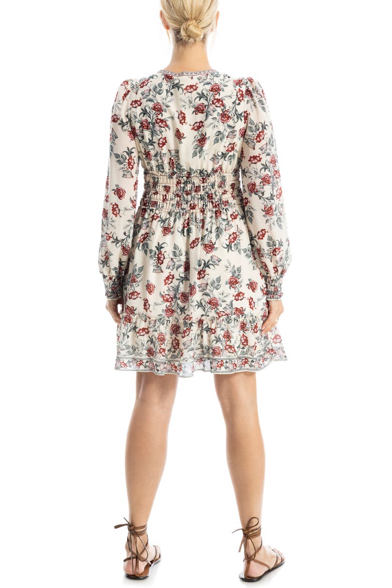 Long Sleeve Smocked Georgette Minidress, Alternate, color, PINK/ RED PASSION BLOOMS