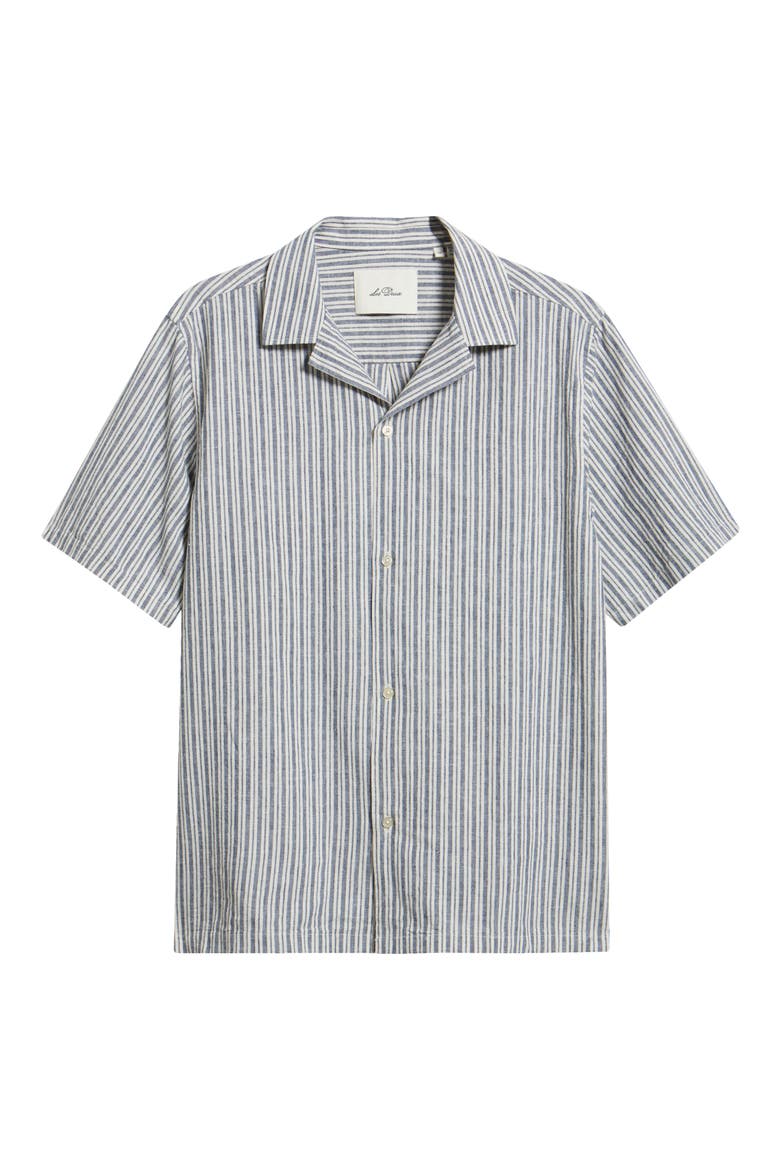 Stripe Cotton & Linen Camp Shirt, Alternate, color, DARK DENIM BLUE
