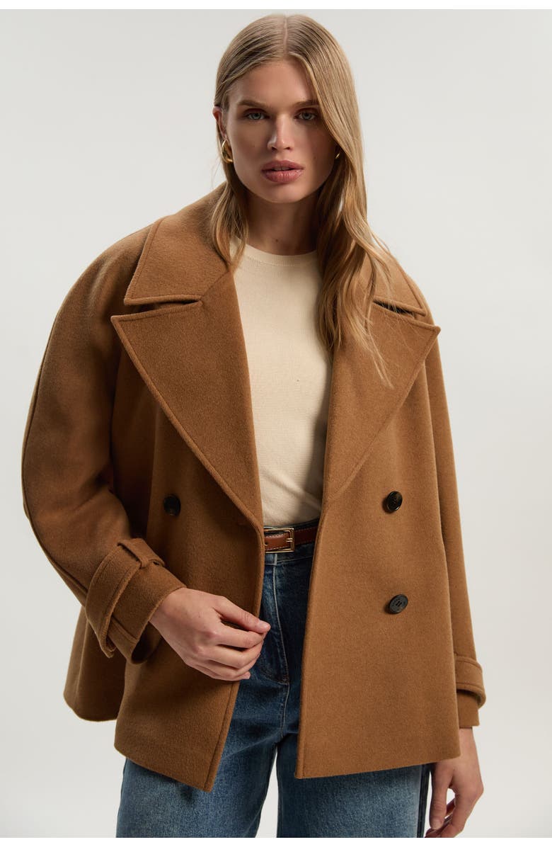 Karen Millen Brushed Wool Double Breasted Short Coat, Main, color, Camel