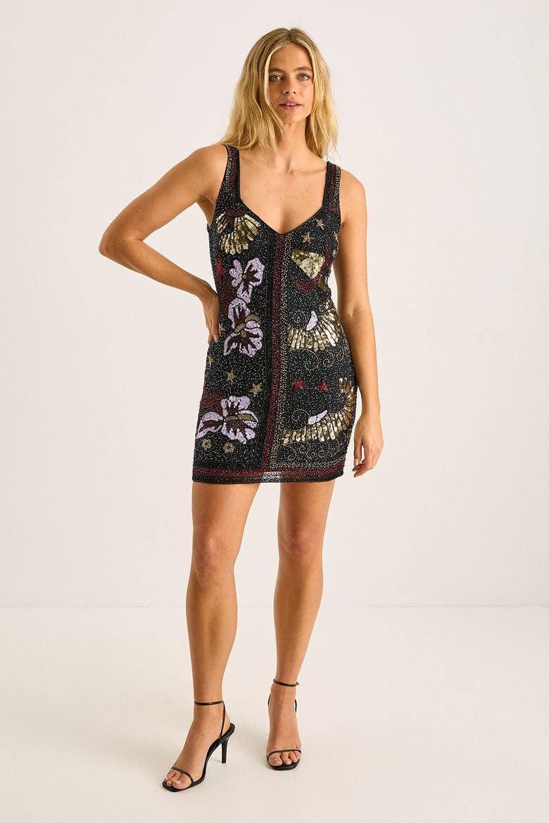 Celestial Beaded Mini Dress, Main, color, Black