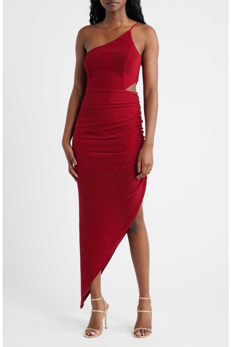 Metallic Knit One-Shoulder Asymmetric Gown, Main, color, RED