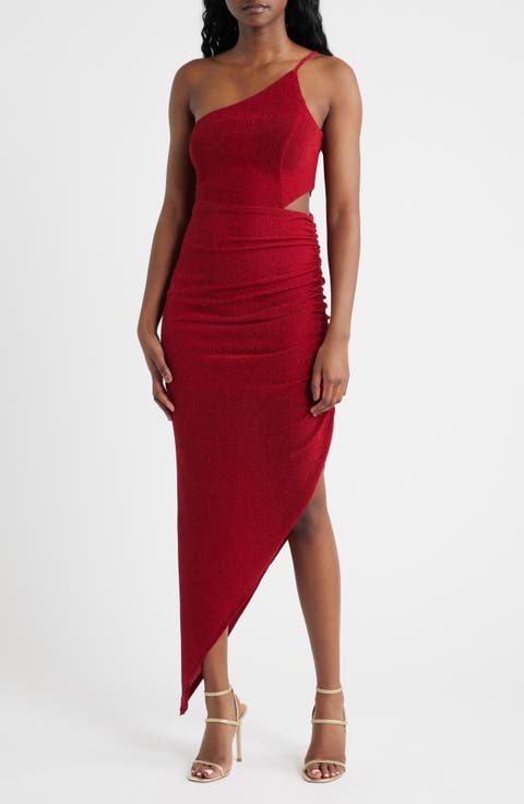 Metallic Knit One-Shoulder Asymmetric Gown