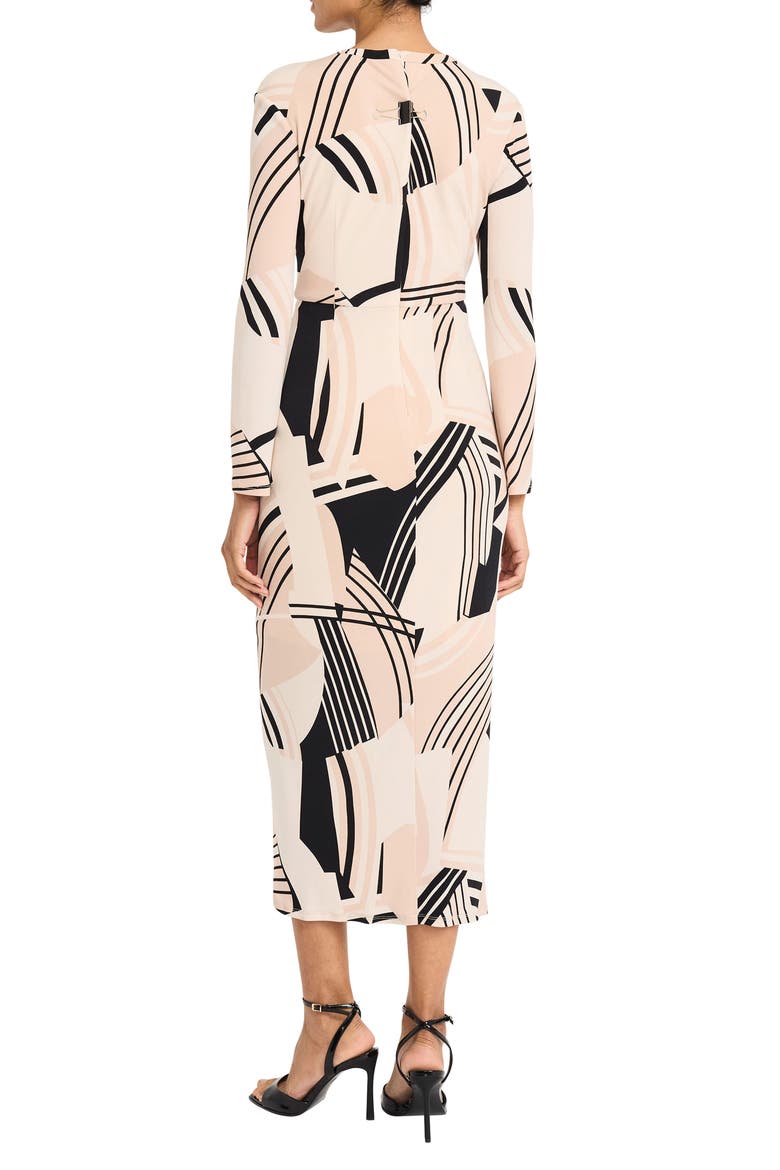 Geo Print Long Sleeve Asymmetric Midi Dress, Alternate, color, CREAM/ BLACK