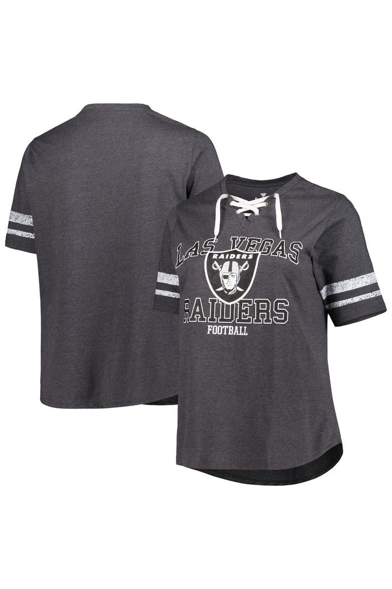 Women's Fanatics Branded Heather Charcoal Las Vegas Raiders Plus Size Lace-Up V-Neck T-Shirt, Main, color, Heather Charcoal