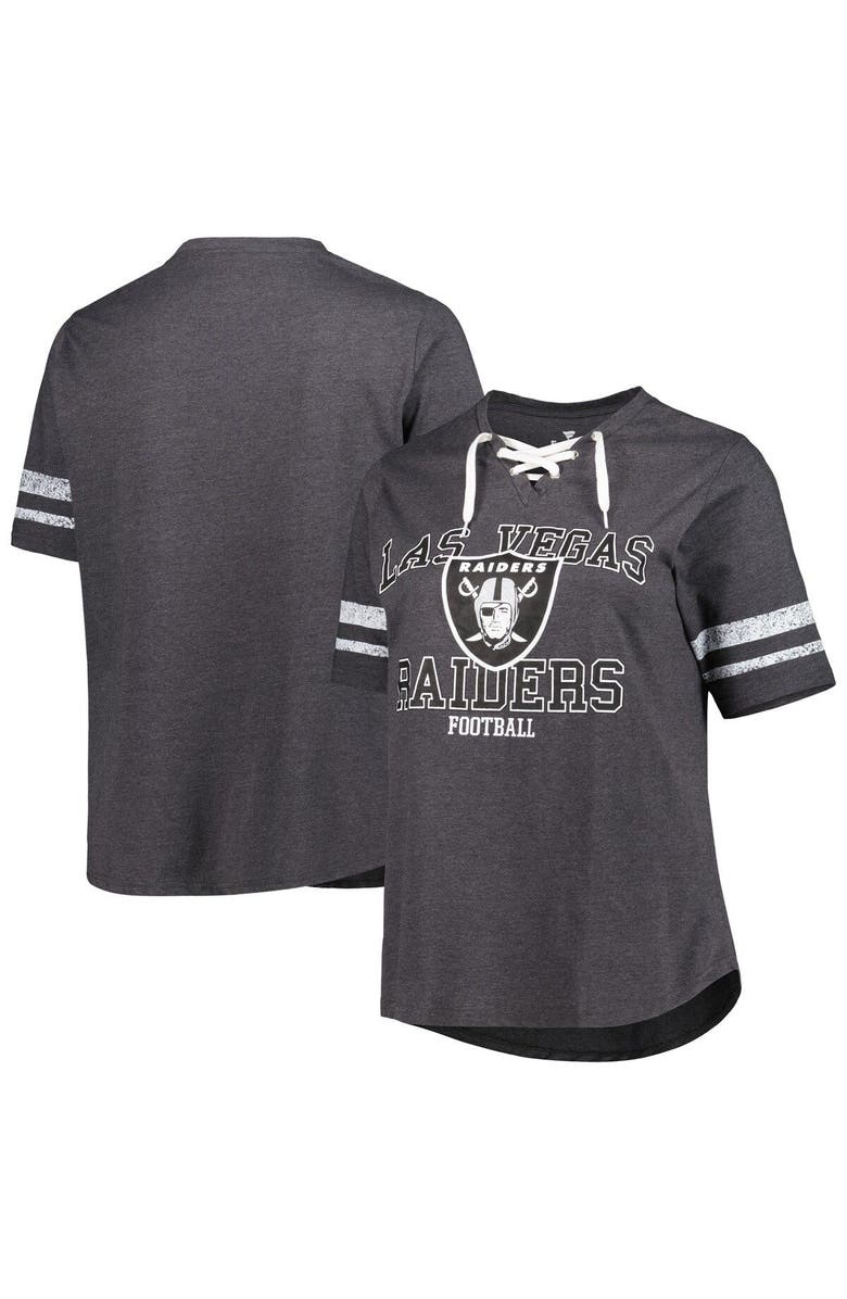 FANATICS Women's Fanatics Branded Heather Charcoal Las Vegas Raiders Plus Size Lace-Up V-Neck T-Shirt, Main, color,