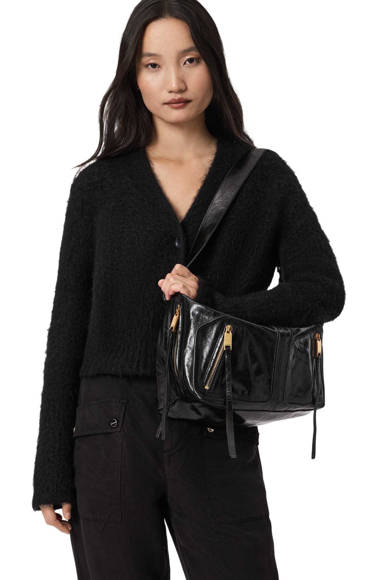 AllSaints Jean Ray Leather Shoulder Bag, Alternate, color, Black