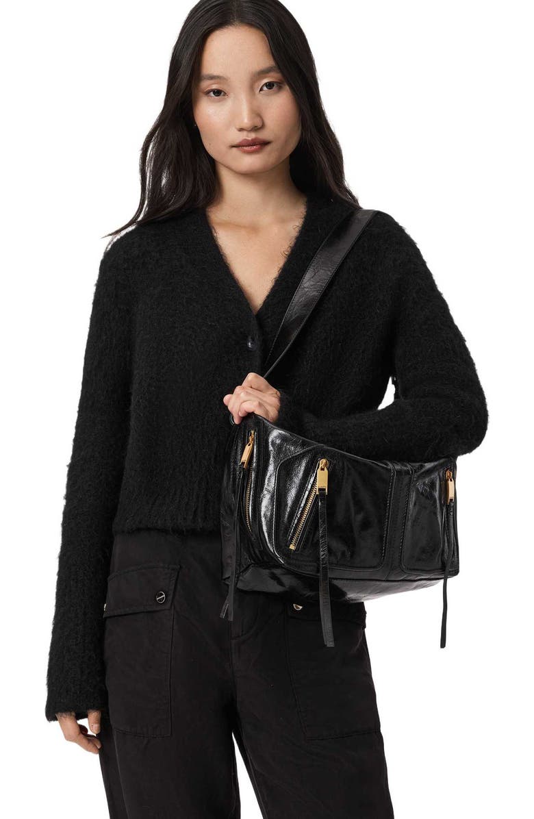 AllSaints Jean Ray Leather Shoulder Bag, Alternate, color, Black
