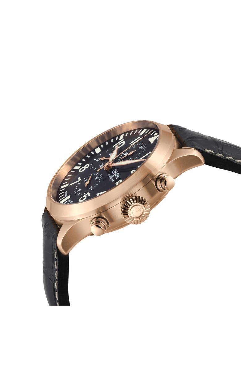GEVRIL Vaughn Automatic Chronograph Leather Strap Watch, 44mm, Alternate, color, Black