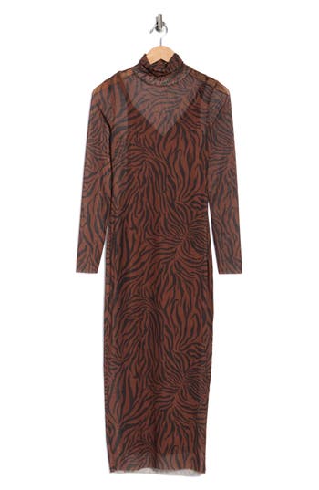 Afrm Los Angeles Marni Turtleneck Long Sleeve Mesh Dress In Brown