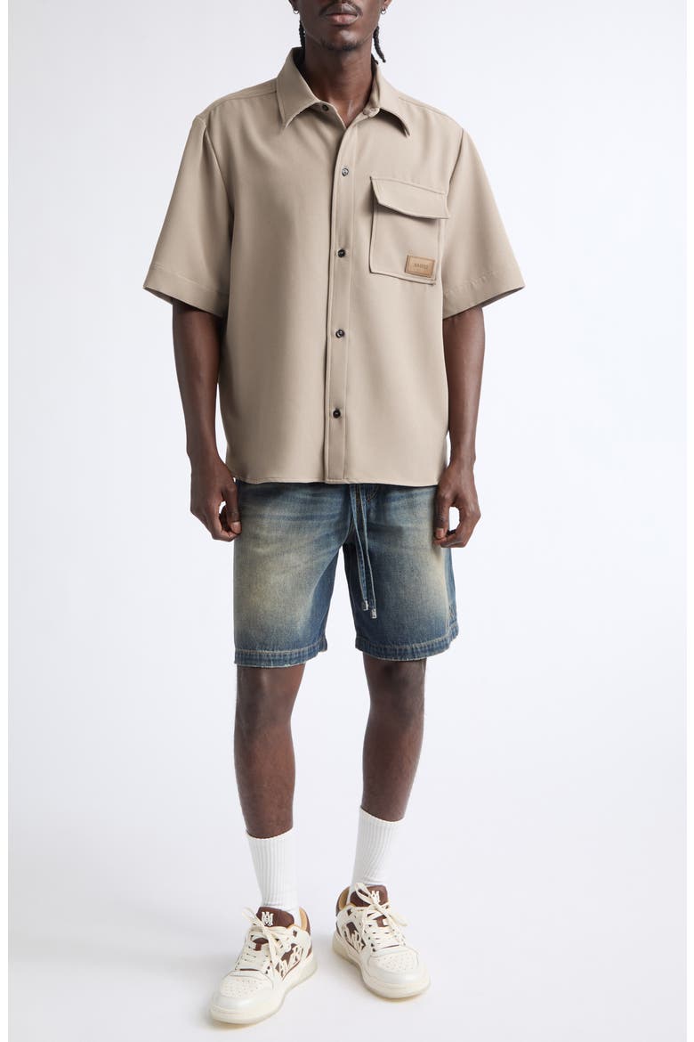 Logo Patch Short Sleeve Stretch Cady Button-Up Shirt, Alternate, color, DARK SAND