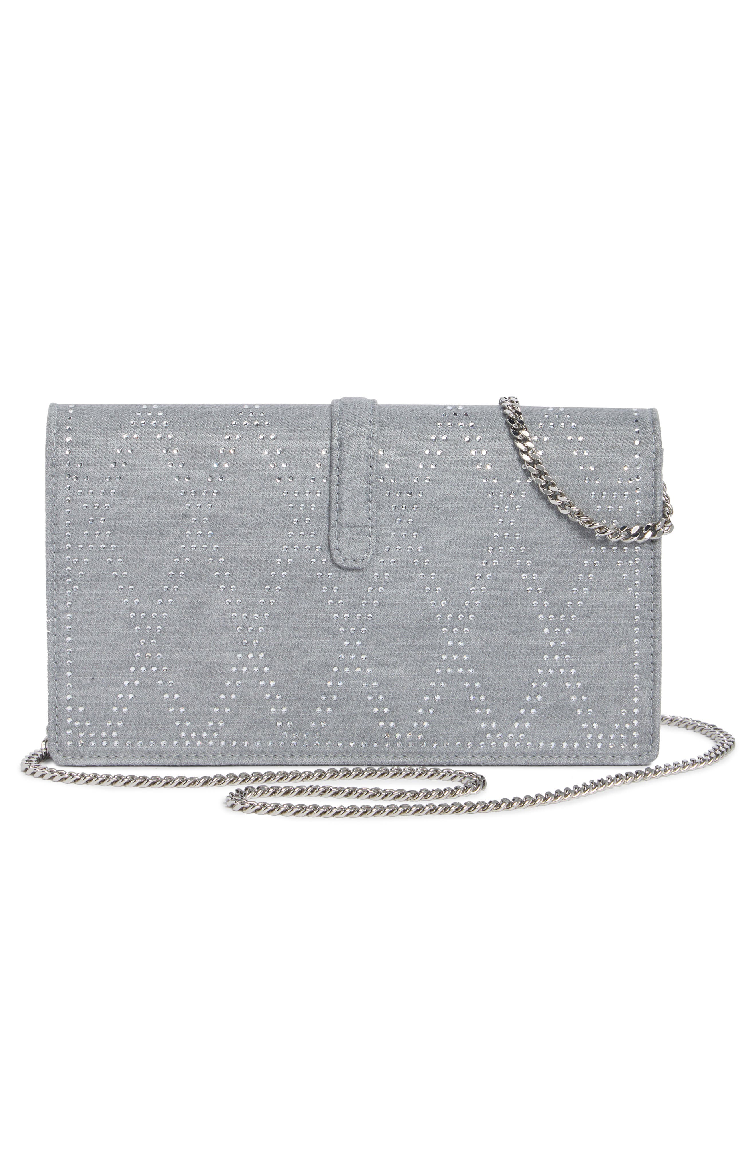 Milan Shine Denim Clutch, Main, color, PERLA/CLEAR