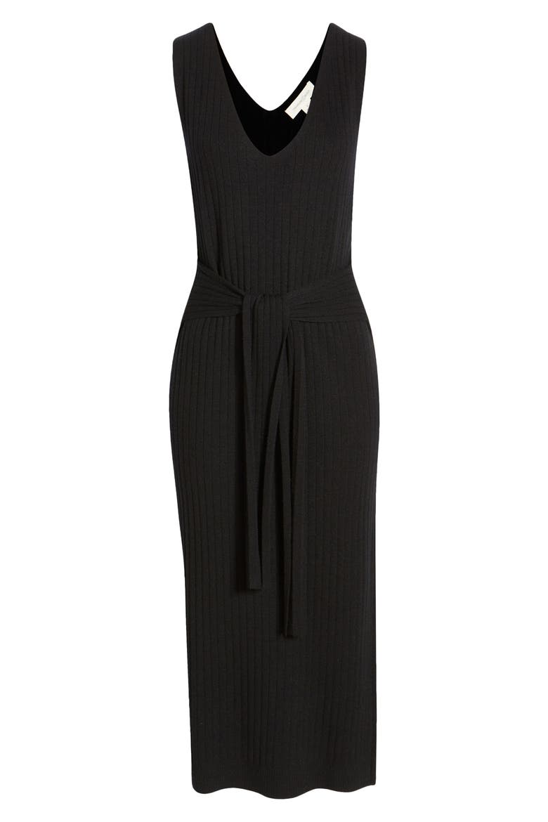 Tie Waist Sleeveless Rib Sweater Dress, Alternate, color, BLACK