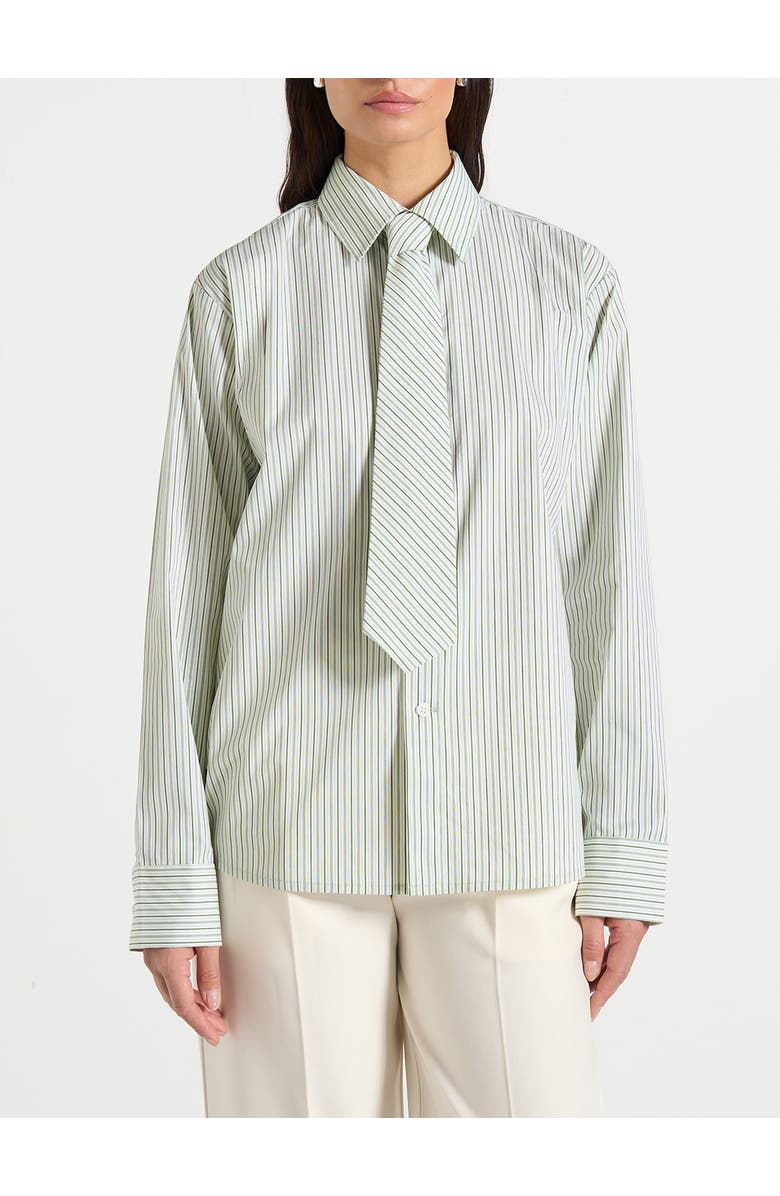 Manière De Voir Dylan Unisex Pinstripe Long Sleeve Shirt With Detachable Tie, Alternate, color, Sage