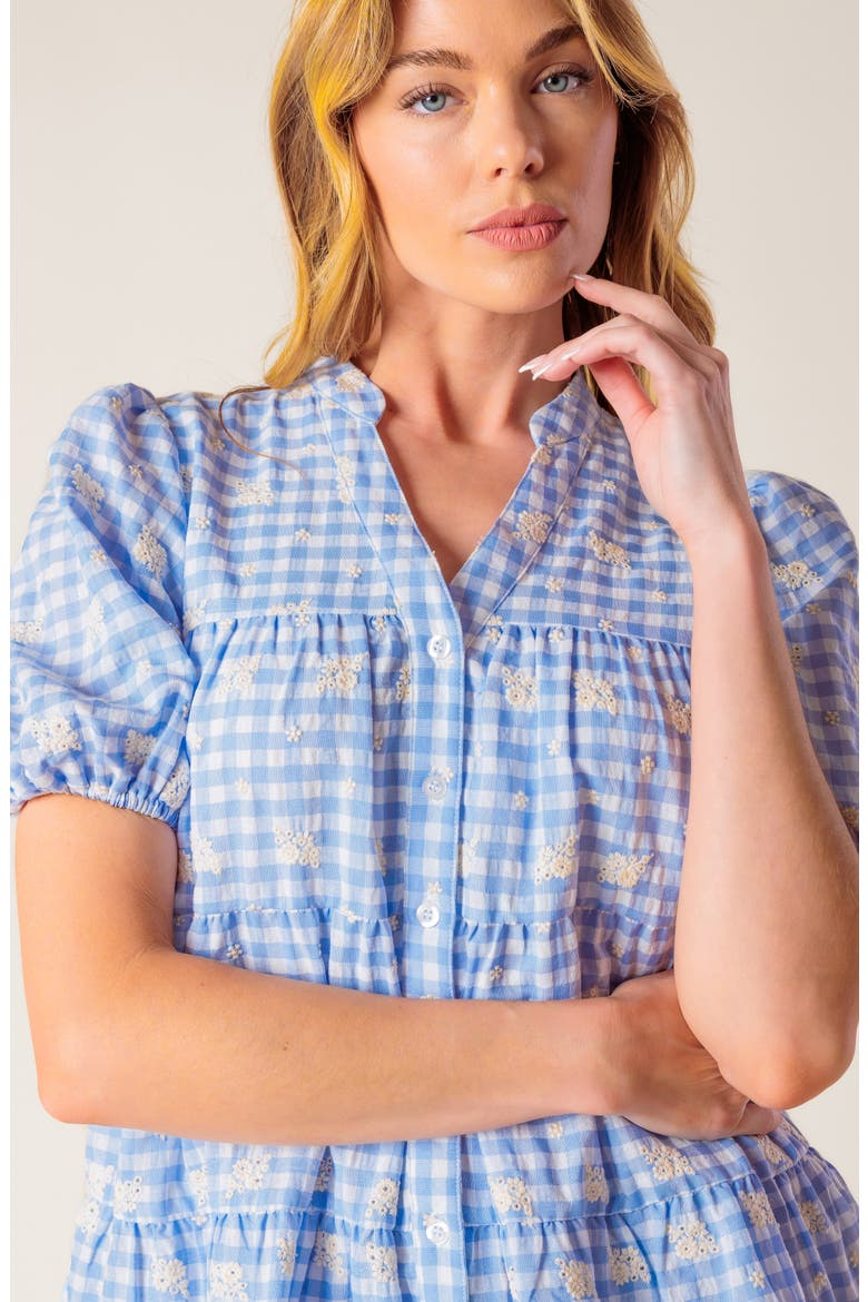 Floral Embroidered Gingham Puff Sleeve Babydoll Dress, Alternate, color, POWDER BLUE