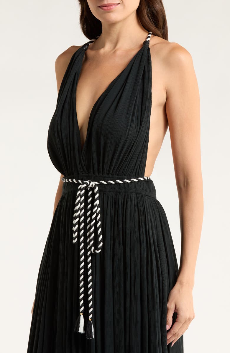 Elan Plunge Tie Belt Maxi Cover-Up Dress, Alternate, color, Black