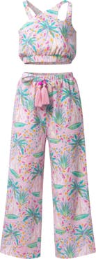 Mia Belle Girls Tropical Paradise One-Shoulder Top and Palazzo Pants Set