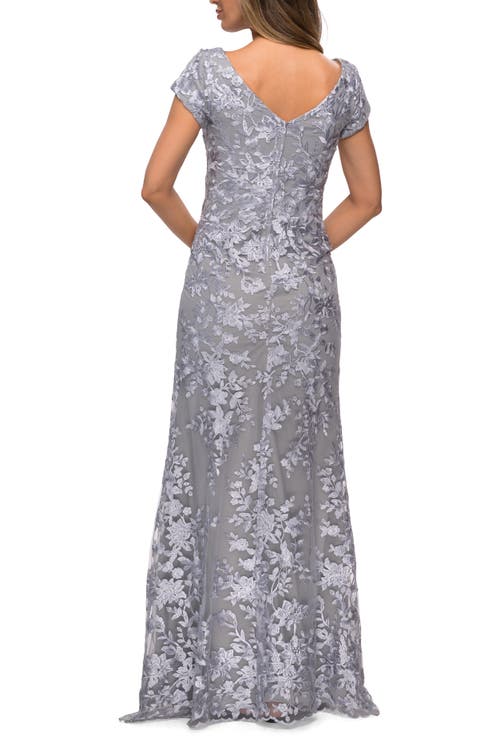 La Femme Long Three Quarter Sleeve Floral Lace Evening Gown In Silver