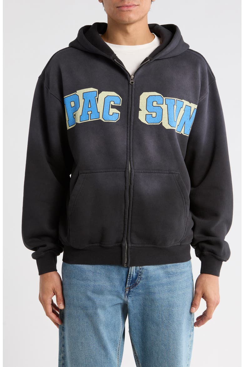 Varsity Bear Front Zip Cotton Hoodie, Main, color, WASHED BLACK