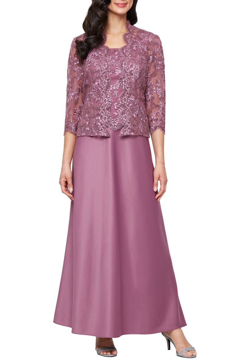 Alex Evenings Embroidered Mock Two-Piece Gown with Jacket, Main, color, Dark Mauve
