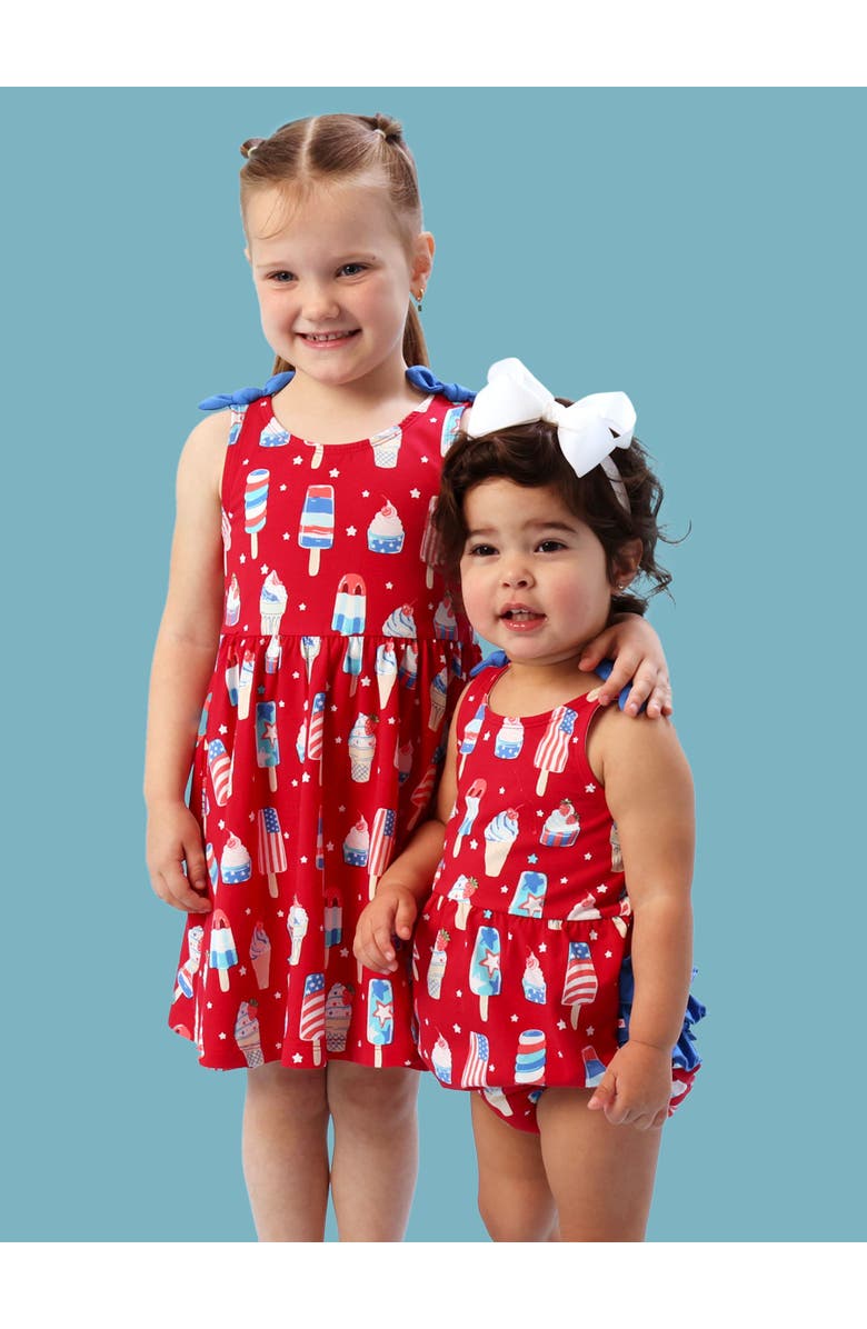 RuffleButts Baby/Toddler Knit Tie Shoulder Bubble Romper, Alternate, color, Stars & Scoops