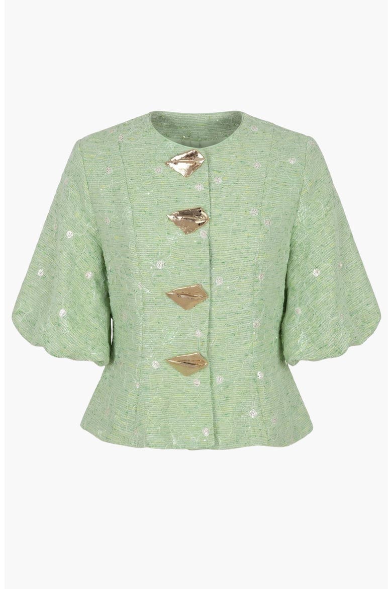 Elegant Puff Sleeve Top with Metallic Button Accents, Alternate, color, Green