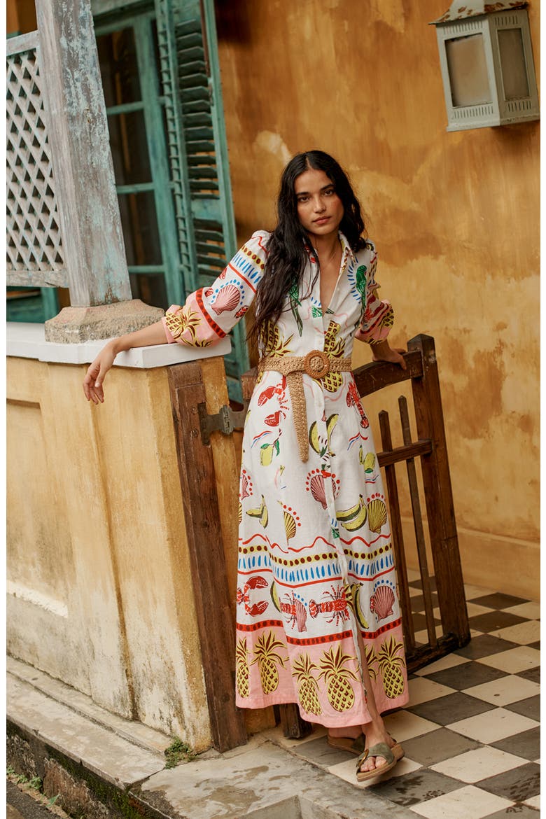 clara cotton shirt dress Clara Print Linen & Cotton Maxi Shirtdress (Women)