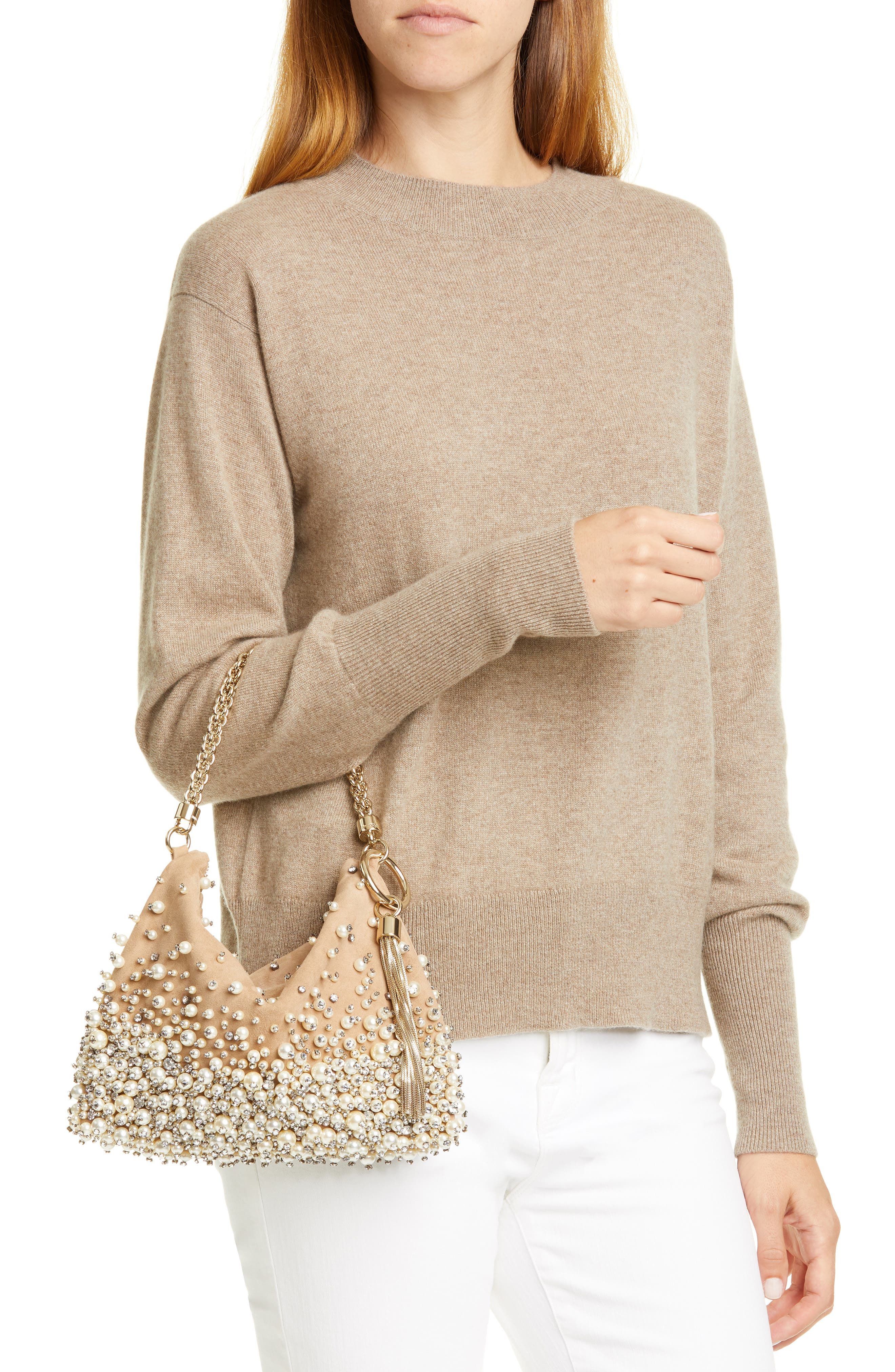 Jimmy Choo Callie Degradé Imitation Pearl Embellished Suede Clutch, Alternate, color, 