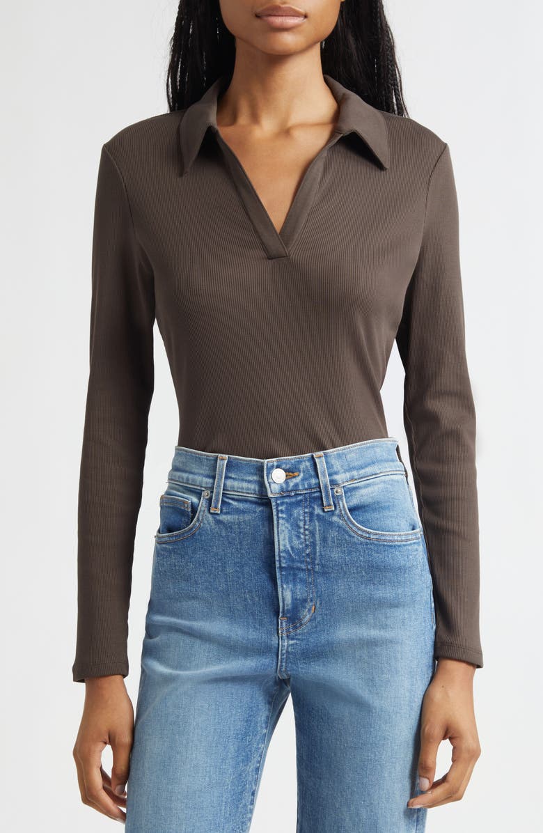 Veronica Beard Kearney Rib Stretch Pima Cotton Polo, Alternate, color, Dark Umber