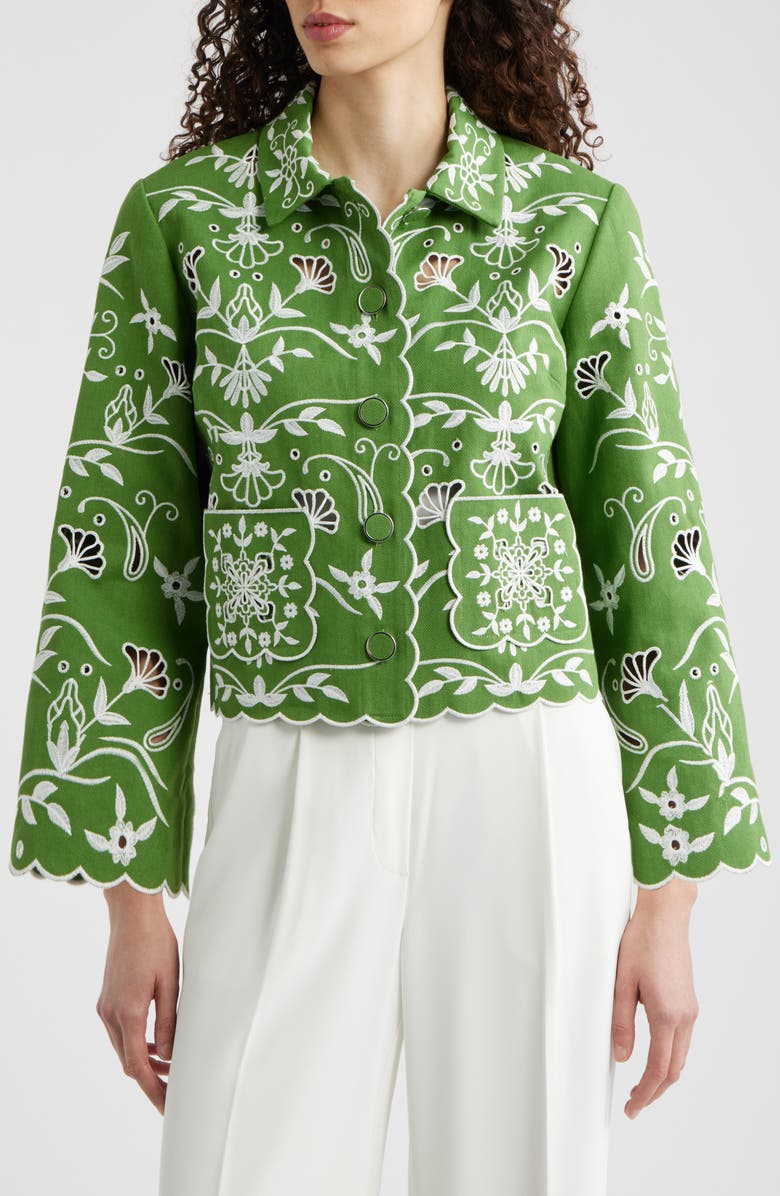 Elie Tahari The Marianna Cotton Eyelet Jacket, Alternate, color, Green / Sky White