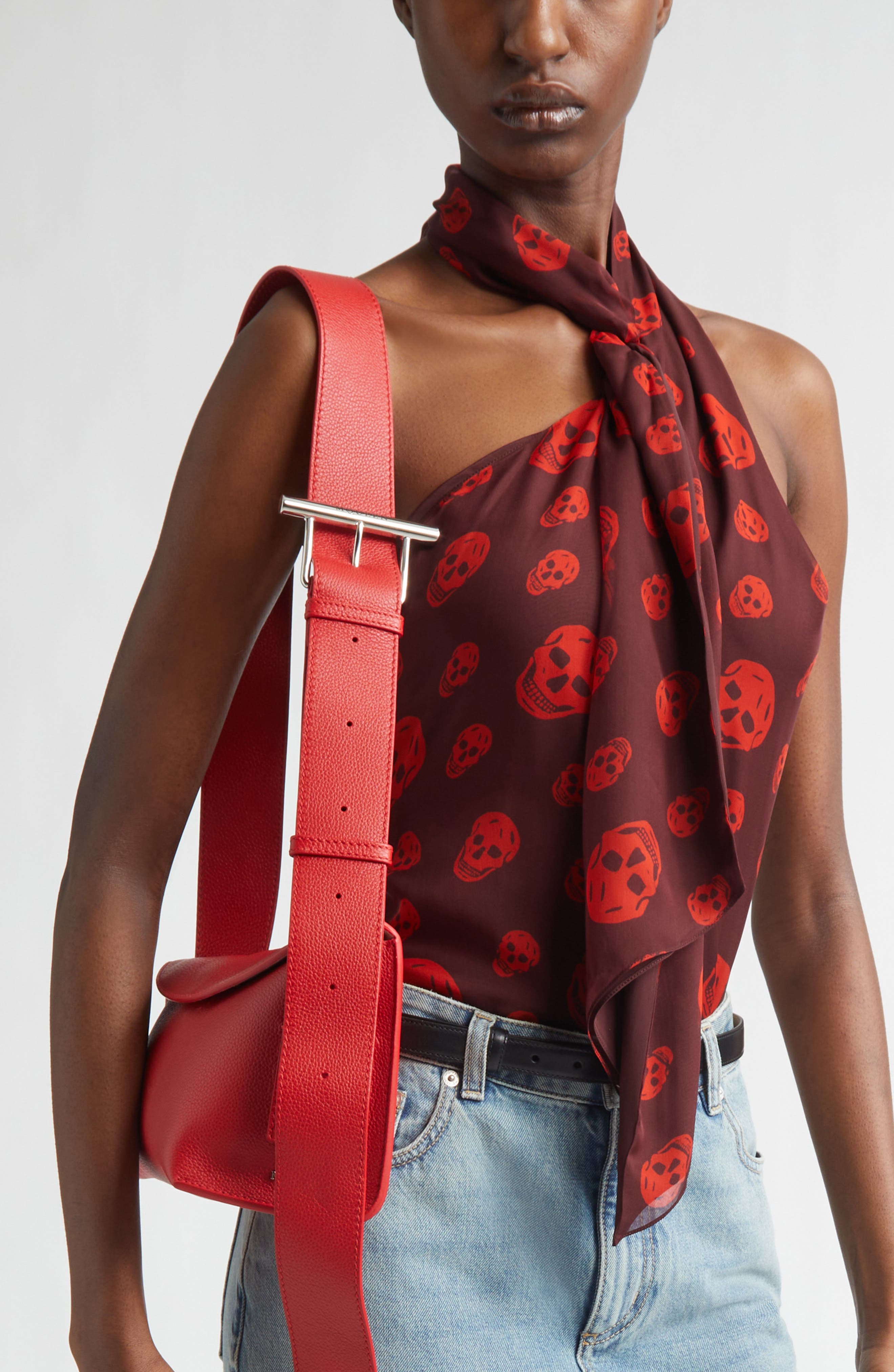 T-Bar Sling Asymmetric Leather Crossbody Bag, Alternate, color, RED/ SILVER