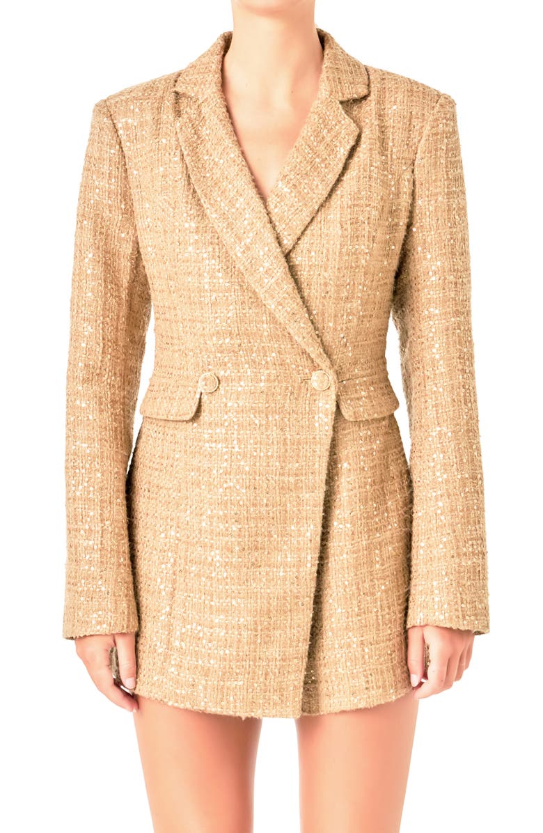 Endless Rose Premium Sequin Tweed Long Sleeve Blazer Minidress, Alternate, color, Tan