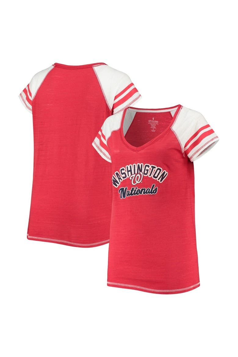 Women's Soft as a Grape Red Washington Nationals Curvy Colorblock Tri-Blend Raglan V-Neck T-Shirt, Main, color, Red