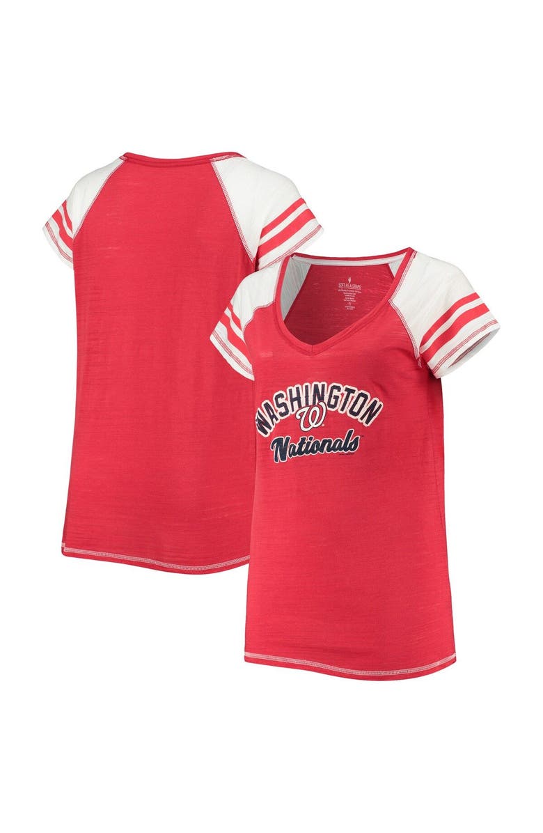 SOFT AS A GRAPE Women's Soft as a Grape Red Washington Nationals Curvy Colorblock Tri-Blend Raglan V-Neck T-Shirt, Main, color, Red