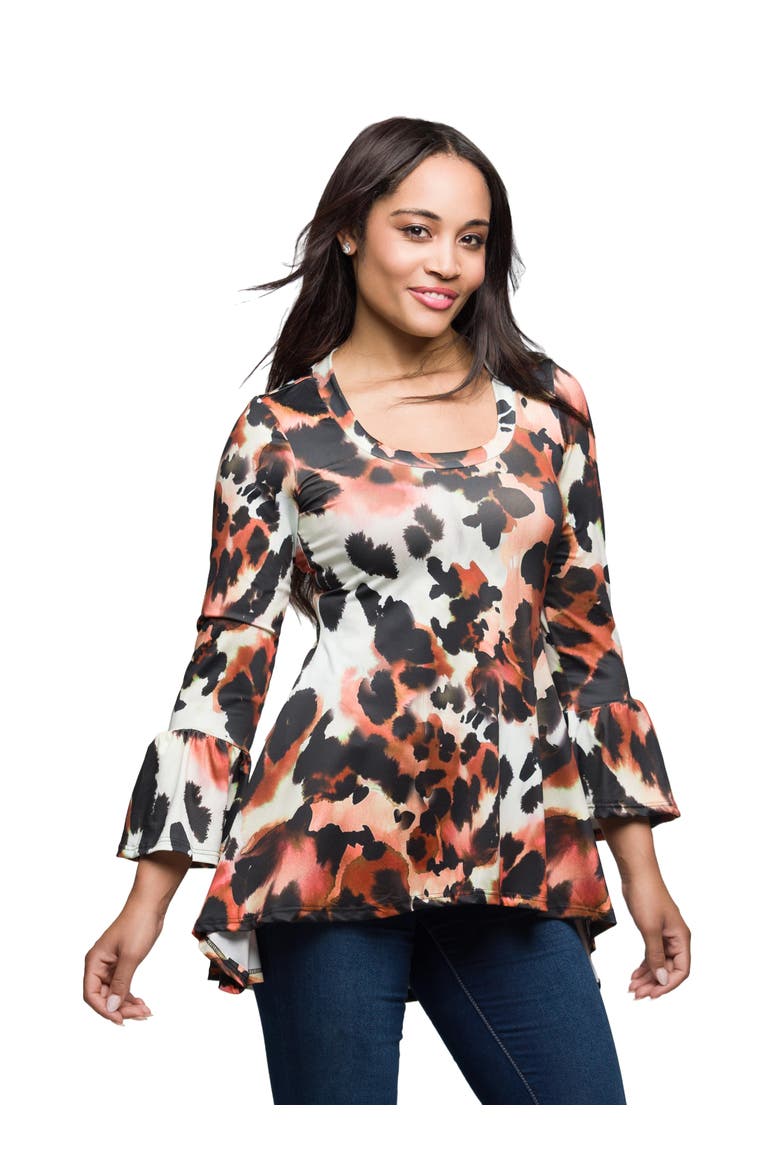 Scoop Neck Bell Sleeve Tunic Top Animal Print, Alternate, color, Brown Multi