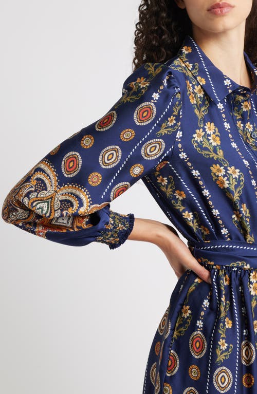 Anne Klein Medallion Print Long Sleeve Tie Waist Shirtdress In Blue