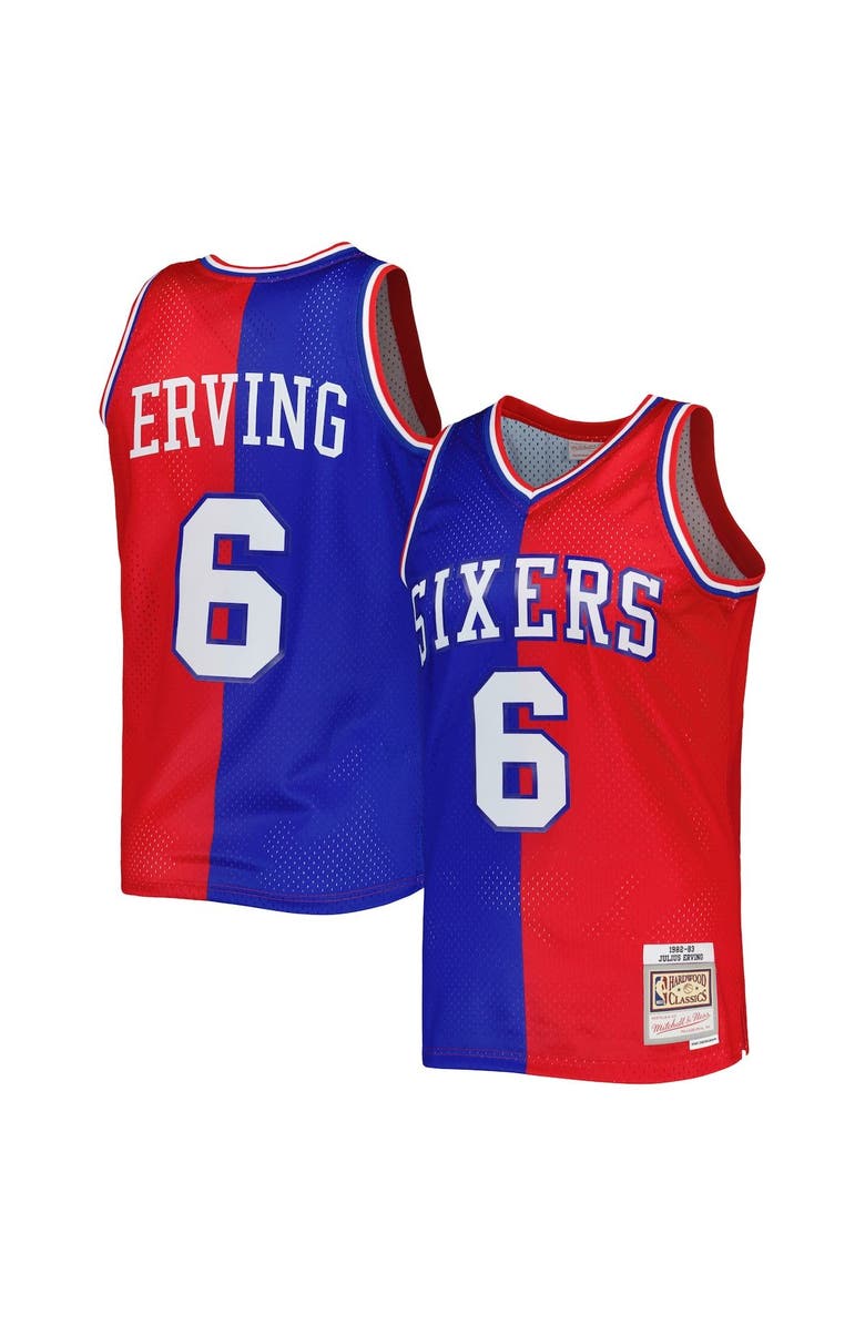 Mitchell & Ness Men's Mitchell & Ness Julius Erving Royal/Red Philadelphia 76ers Hardwood Classics 1982/83 Split Swingman Jersey, Main, color, 