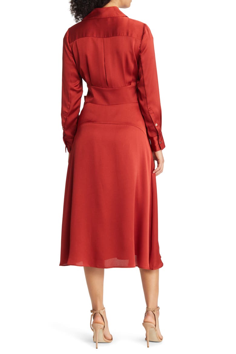 Tie Front Long Sleeve V-Neck Satin Shirtdress, Alternate, color, PAPRIKA