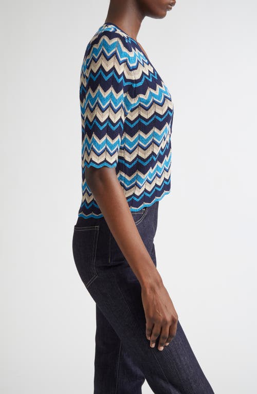 Ramy Brook Alec Chevron Metallic Stripe Cotton Blend Cardigan In Blue