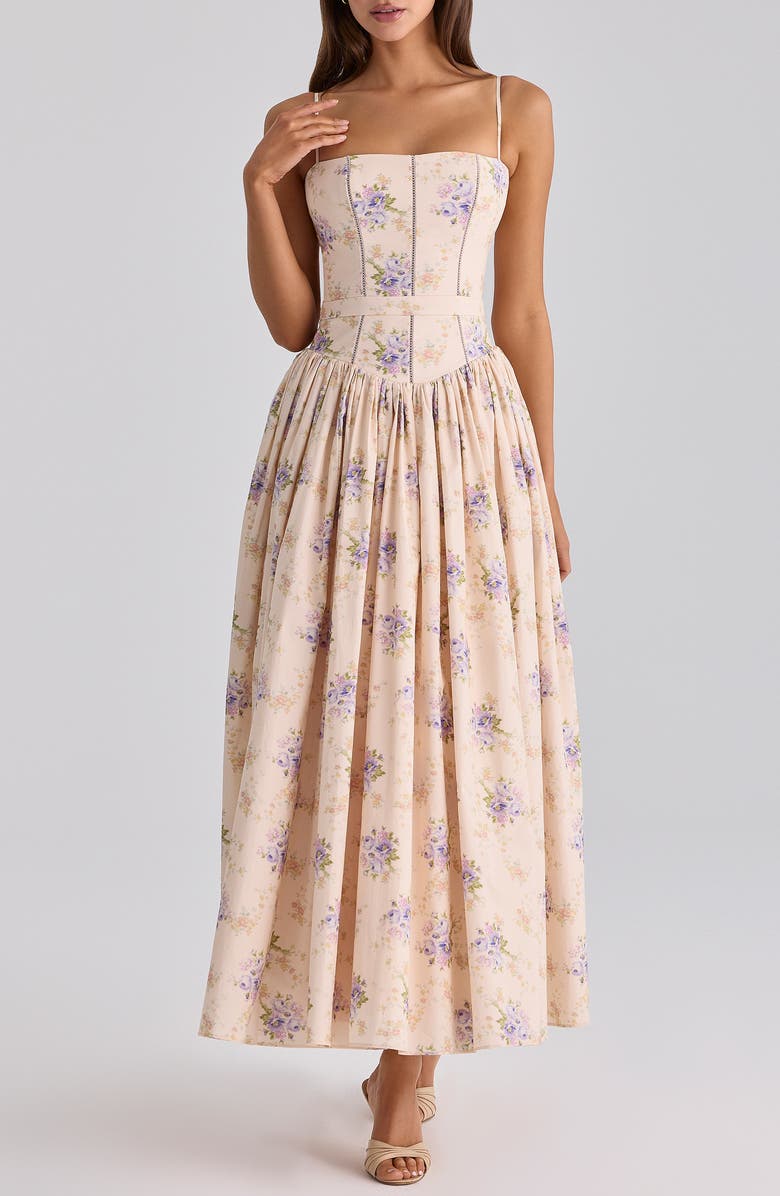 HOUSE OF CB Ysabella Floral Stretch Cotton Maxi Sundress, Main, color, Ivory Sweet Peony