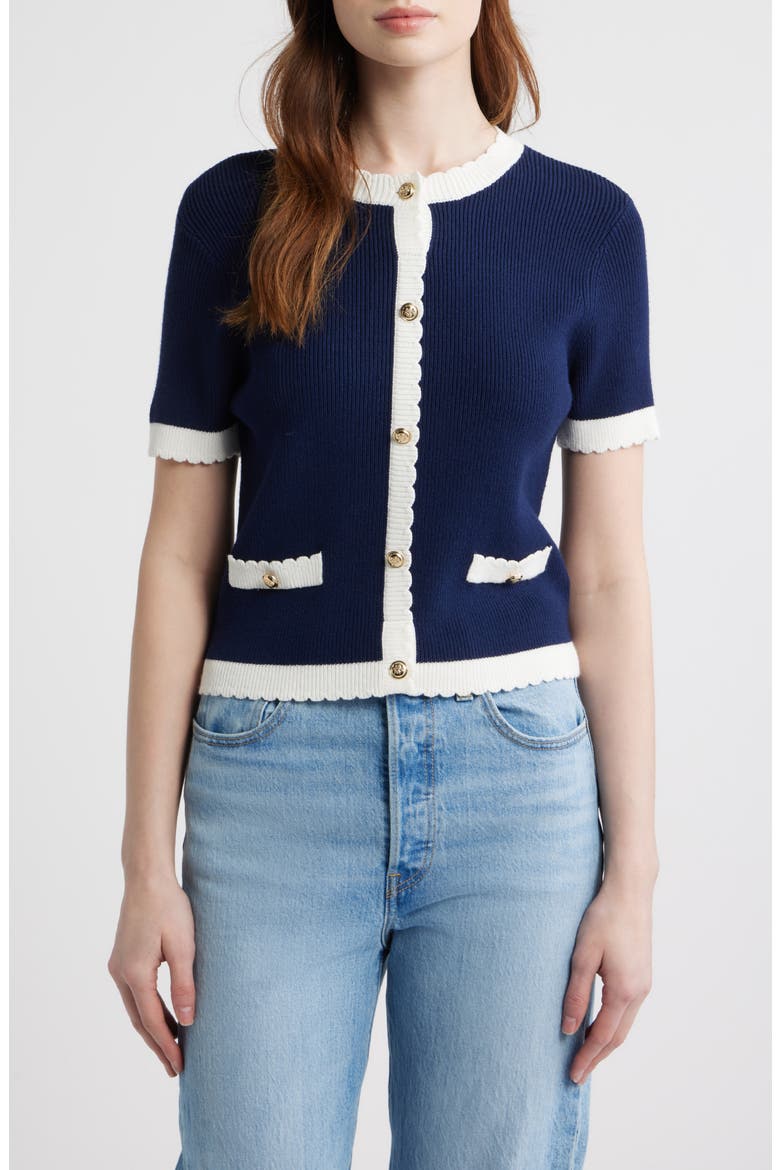 Bennet Short Sleeve Rib Cardigan, Main, color, MARINE-SUMMER WHITE