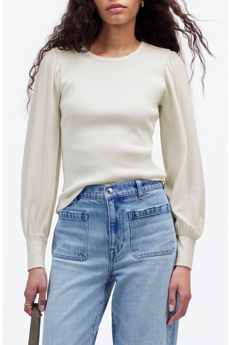 Puff Sleeve Rib Top, Main, color, WHITE