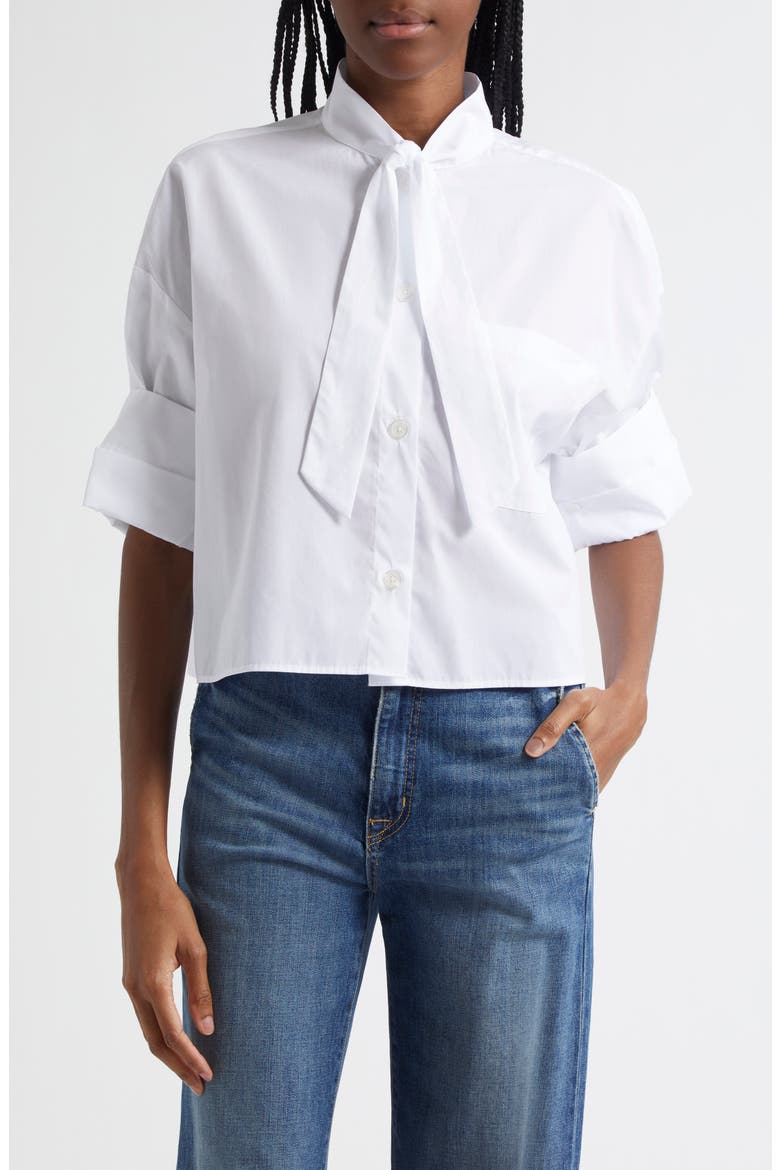 Next Ex Tie Neck Crop Shirt, Main, color, WHITE