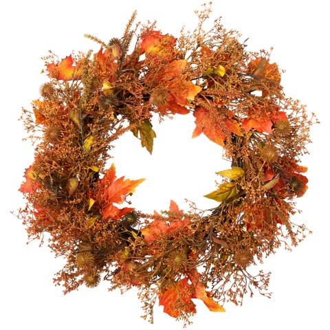 Maple Leaves, Burs and Berries Artificial Fall Harvest Wreath - 24"
