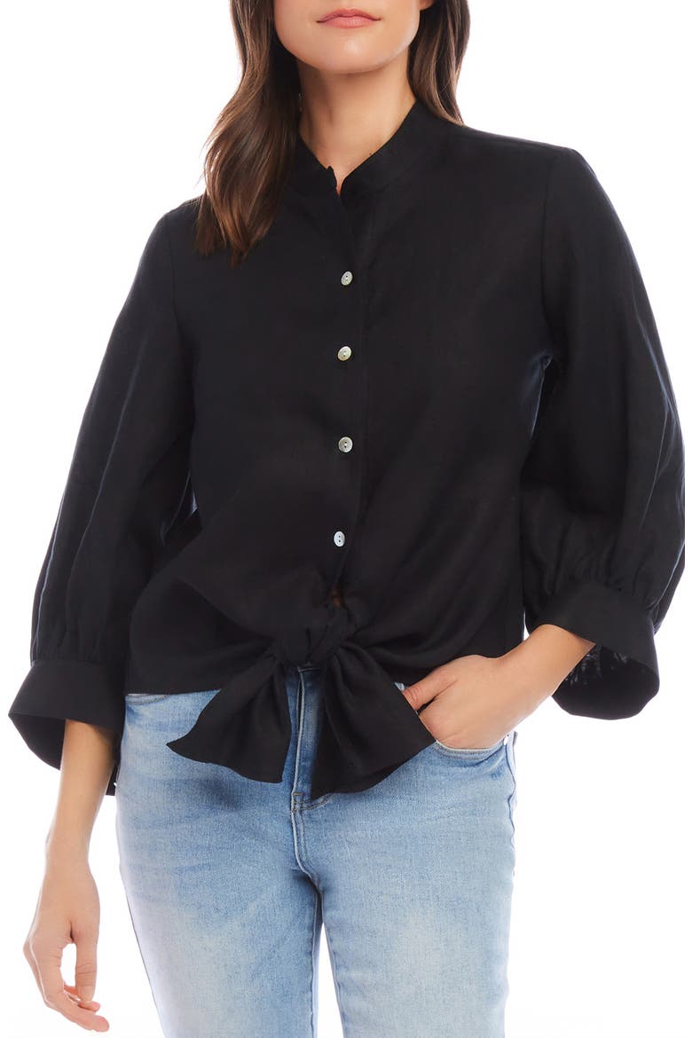 Tie Front Linen Button-Up Top, Main, color, BLACK