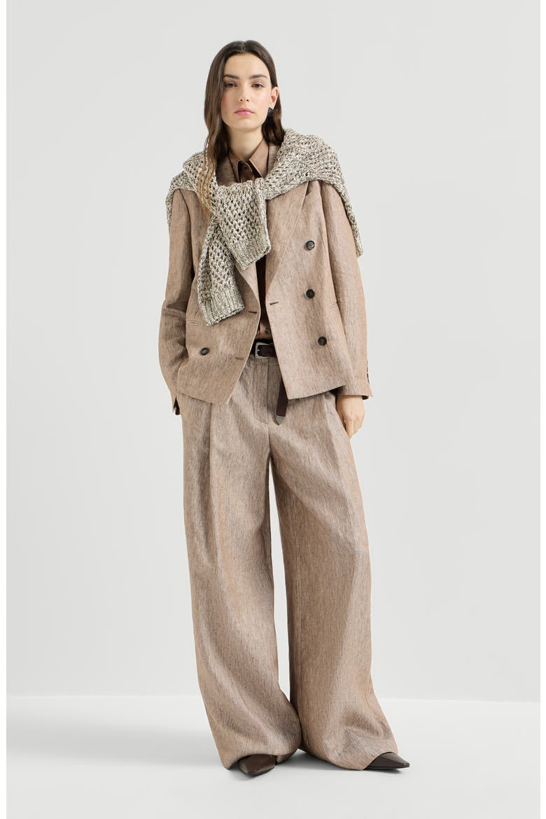 Linen denim pleated A-Line trousers with monili, Alternate, color, Beige