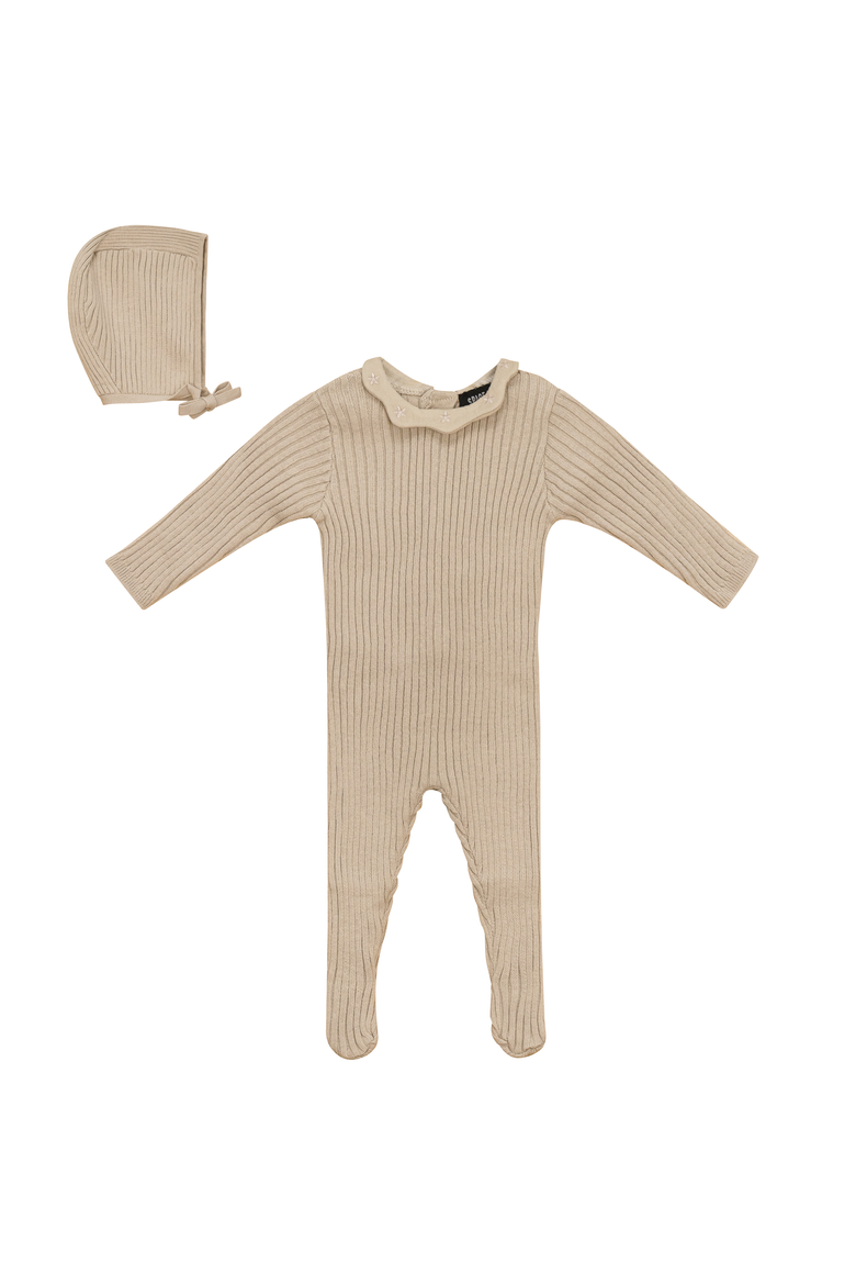 Ruffle Collar Knitted Long Sleeve Romper and Bonnet, Main, color, Dark Almond